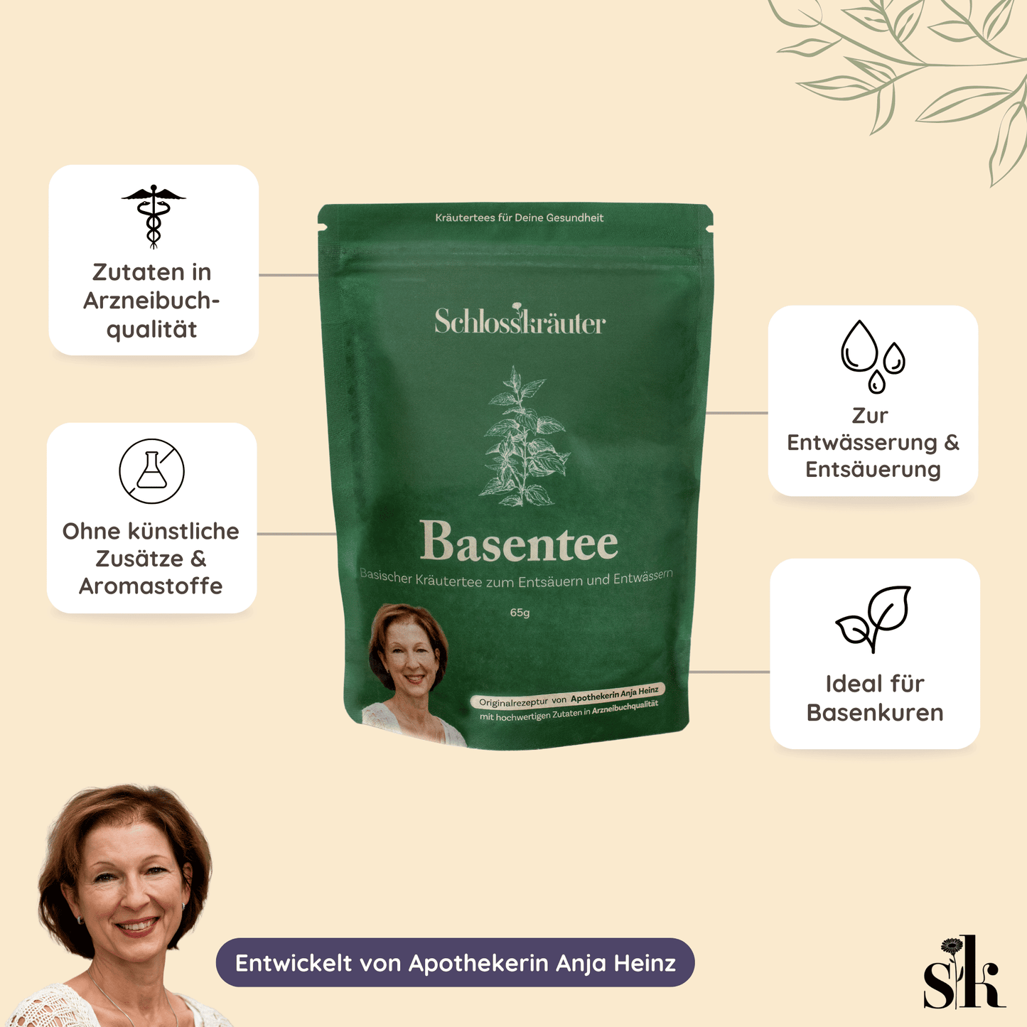 Eine grüne Verpackung mit der Aufschrift “Schlosskräuter Basentee Kräutertee-Mischung handgefertigt & naturrein” steht im Zentrum des Bildes. Daneben befinden sich Symbole und Texte, die die Vorteile des Tees hervorheben: “Zutaten in Arzneibuch-Qualität”, “Ohne künstliche Zusätze & Aromastoffe”, “Zur Entwässerung & Entsäuerung”, “Reich an Mineralstoffen”. Unten links ist ein Bild von Apothekerin Anja Heinz mit dem Text “Entwickelt von Apothekerin Anja Heinz”.