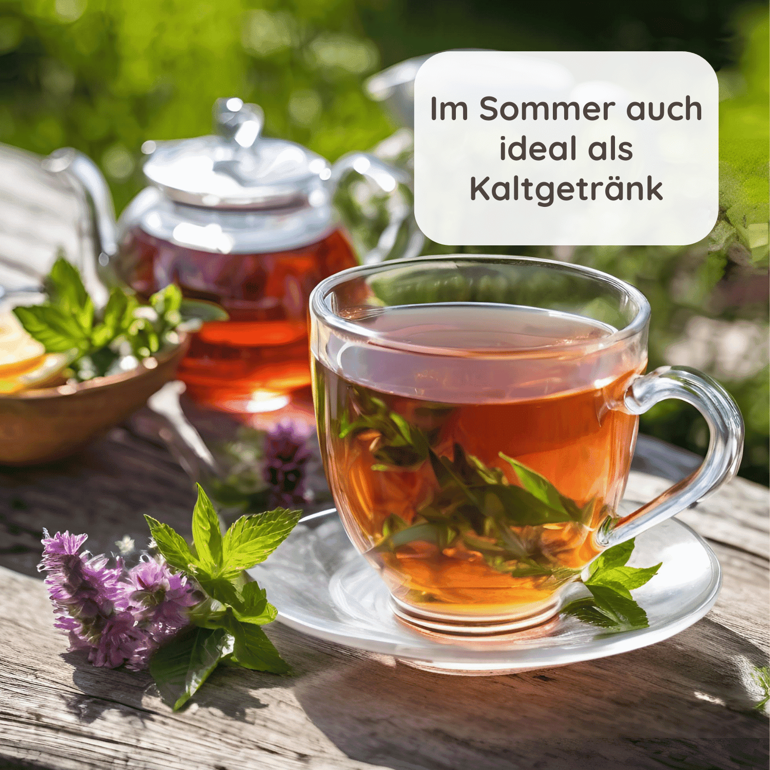Eine Tasse Kräutertee, serviert auf einem Holztisch im Freien, dekoriert mit frischen Kräutern. Im Hintergrund eine Teekanne und der Text ‘Im Sommer auch ideal als Kaltgetränk’.