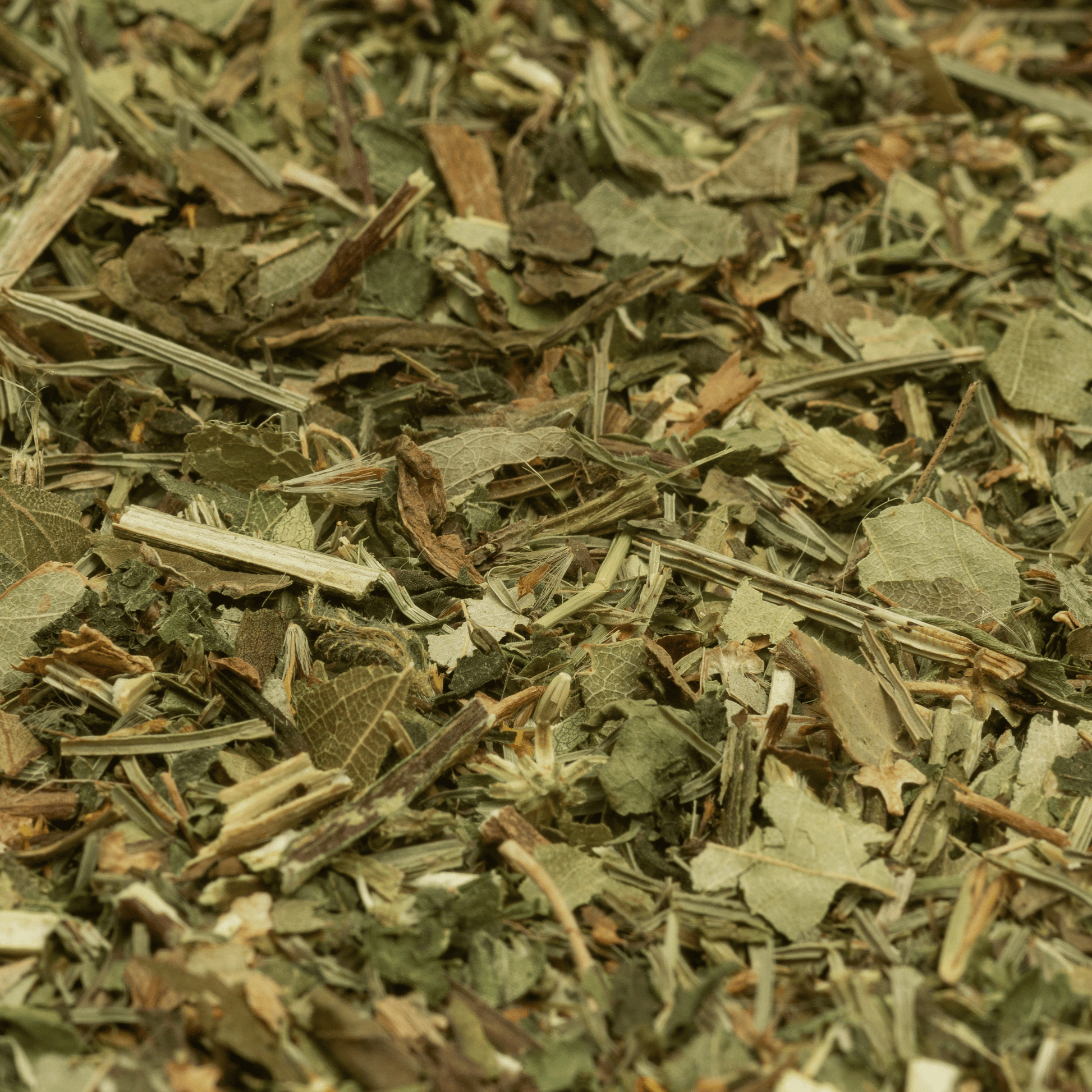 Nahaufnahme der Losen Kräuterteemischung mit Brennessel, Birkenblätter, Goldrutenkraut und Löwenzahn.