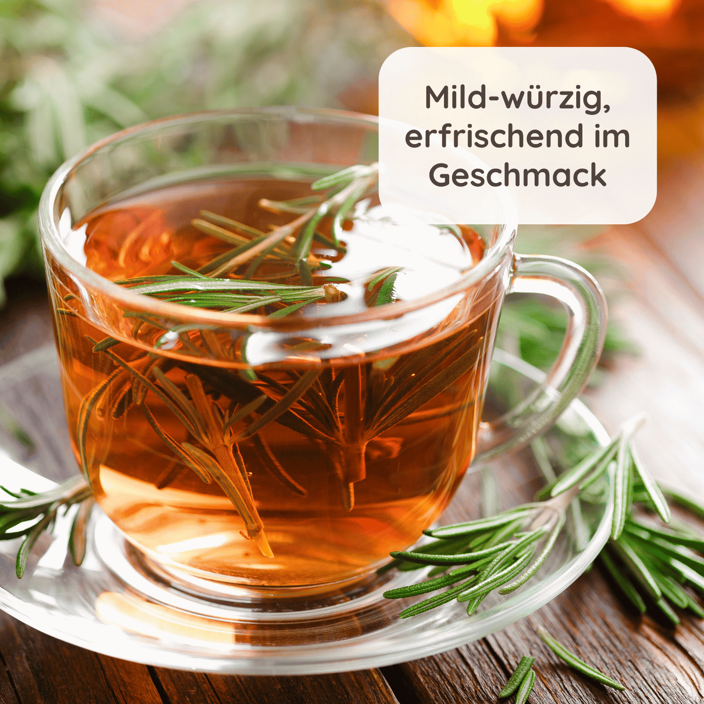 Nahaufnahme von einer Tasse Kräutertee mit frischen Rosmarin daneben und dem Text "Mild-würzig, erfrischend im Geschmack"