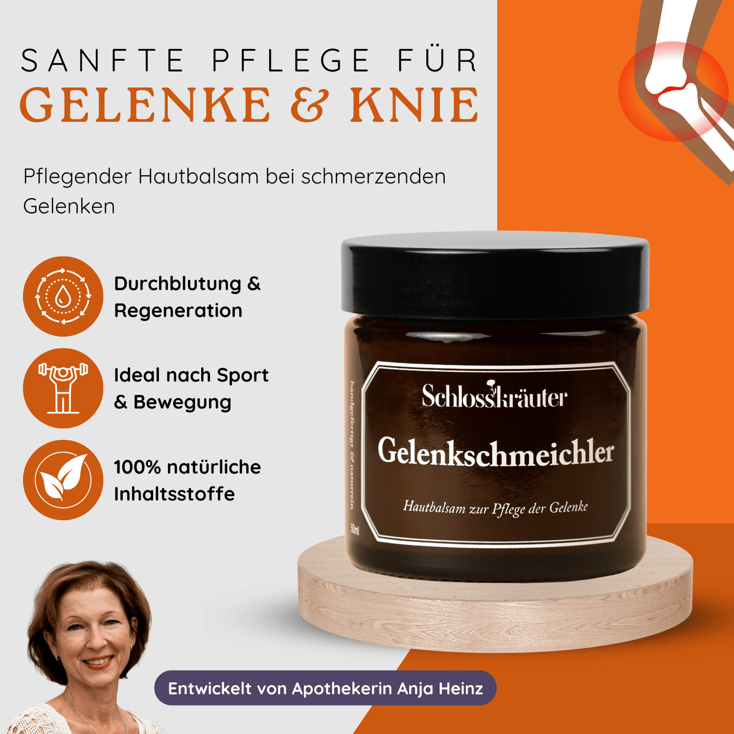 Braunes Glas mit Hautbalsam steht auf Holzpodest, daneben Infografik mit Anwendungsbereichen wie Durchblutung, Regeneration und Sport, sowie Illustration eines schmerzenden Knies.