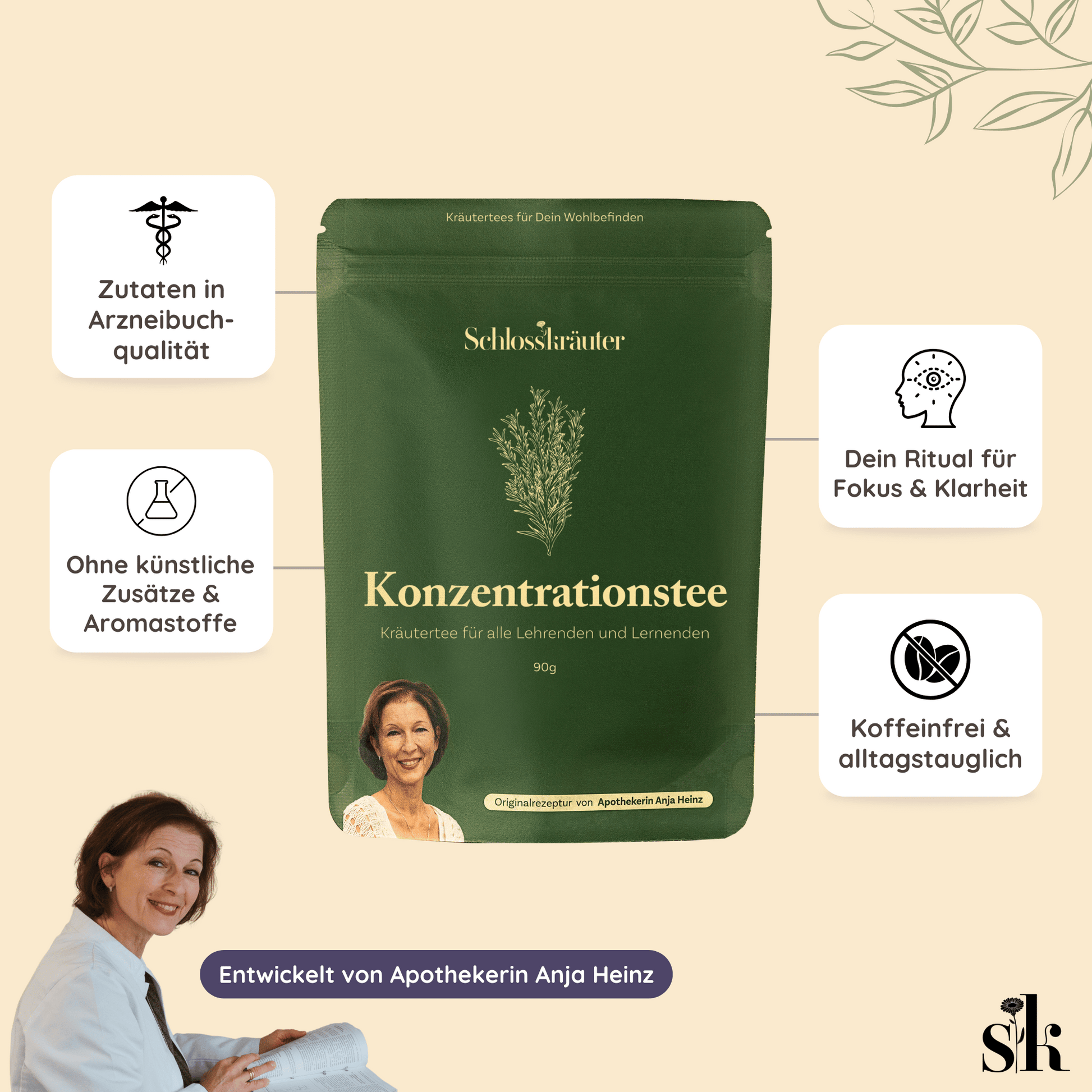 Eine grüne Verpackung mit der Aufschrift “Schlosskräuter Konzentrationstee Kräutertee-Mischung handgefertigt & naturrein” steht im Zentrum des Bildes. Daneben befinden sich Symbole und Texte, die die Vorteile des Tees hervorheben: “Zutaten in Arzneibuch-Qualität”, “Ohne künstliche Zusätze & Aromastoffe”, “Dein Ritual für Fokus & Klarheit”, “Koffeinfrei und alltagstauglich”. Unten links ist ein Bild von Apothekerin Anja Heinz mit dem Text “Entwickelt von Apothekerin Anja Heinz”.