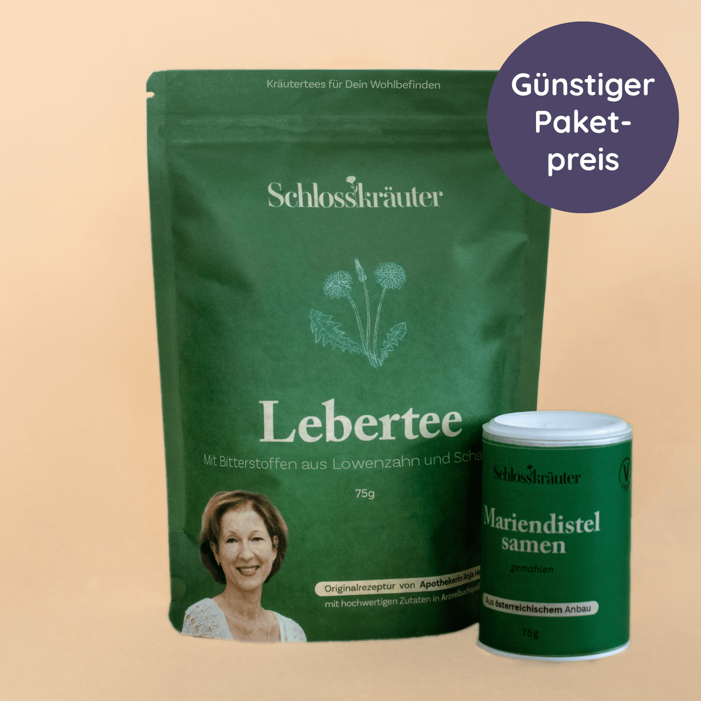 Lebertee und Mariendistelsamen in grünen Packungen auf beigem Hintergrund mit dem Text "Günstiger Paketpreis"