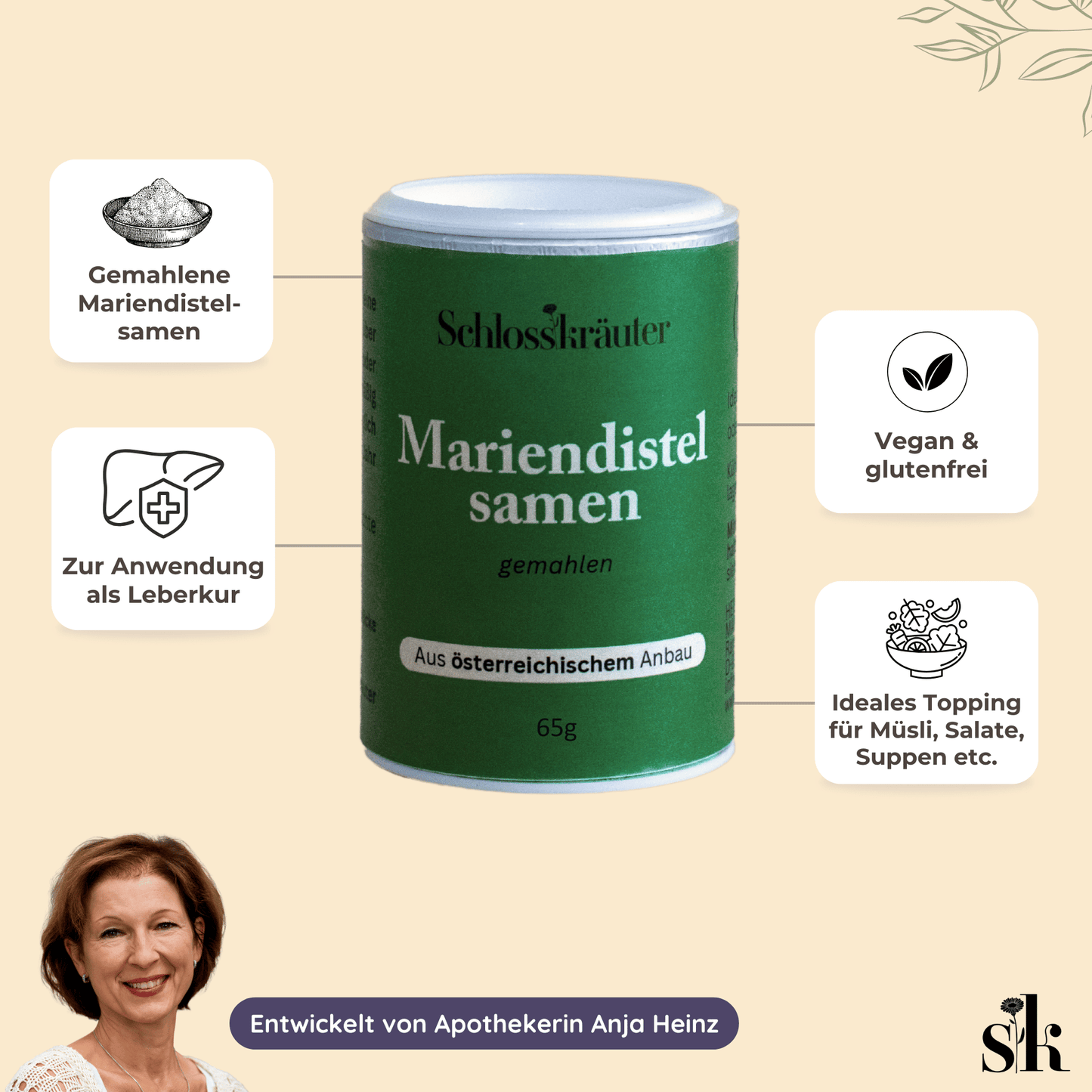 Infografik Mariendisteln mit folgenden Texten: Gemahlene Mariendistelsamen, Zur Anwendung als Leberkur, Vegan & Glutenfrei, Ideales Topping für Müsli, Salate, Suppen etc.