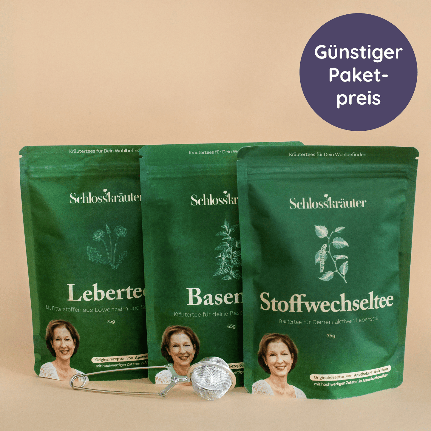 Stoffwechselpaket mit Lebertee, Stoffwechseltee und Basentee auf beigem Hintergrund
