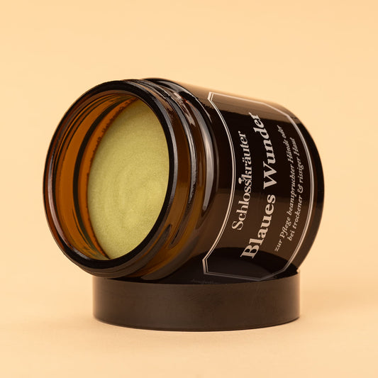 Blaues Wunder Handcreme mit geöffnetem Deckel