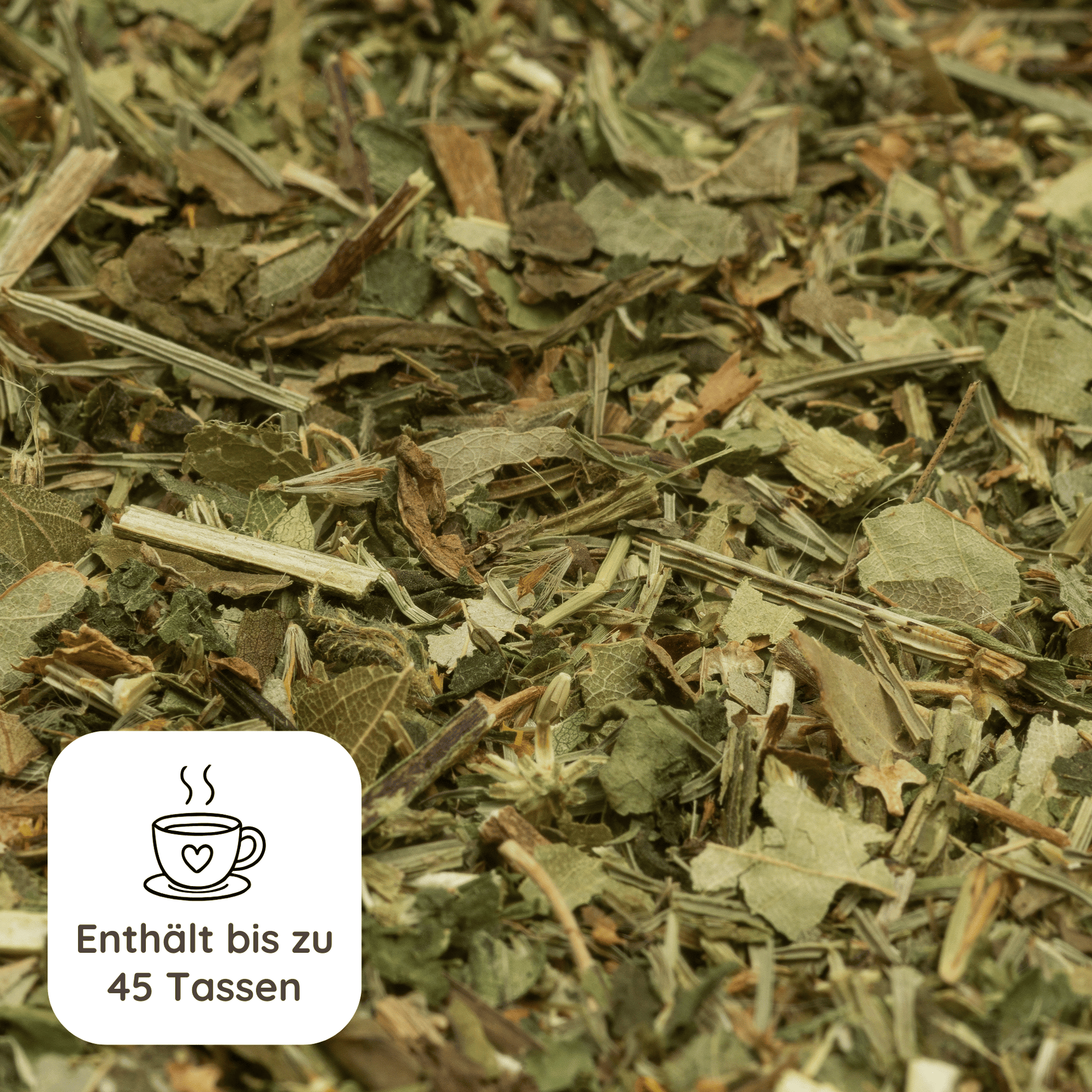 Nahaufnahme der Losen Kräuterteemischung mit Brennessel, Birkenblätter, Goldrutenkraut und Löwenzahn mit Hinweis "Enthält bis zu 45 Tassen".