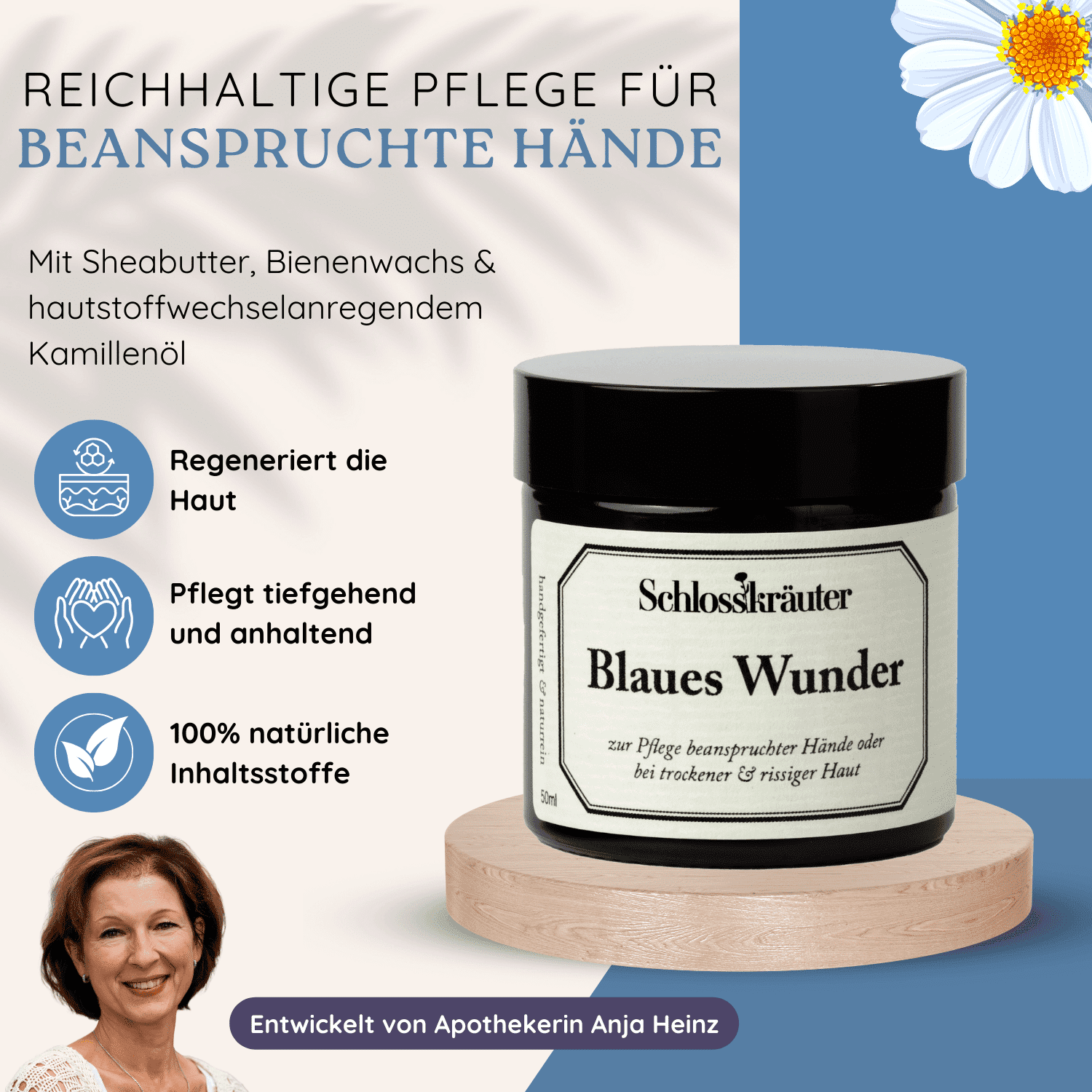 “Eine Infografik mit einer Handcreme namens ‘Schlosskräuter Blaues Wunder’ zur Pflege beanspruchter Hände. Das Produkt wird mit Sheabutter, Bienenwachs und Kamillenöl beschrieben. Vorteile: Regeneriert die Haut, pflegt tiefgehend und anhaltend, 100% natürliche Inhaltsstoffe. Entwickelt von Apothekerin Anja Heinz. Ein Foto von Anja Heinz ist unten links eingeblendet.”