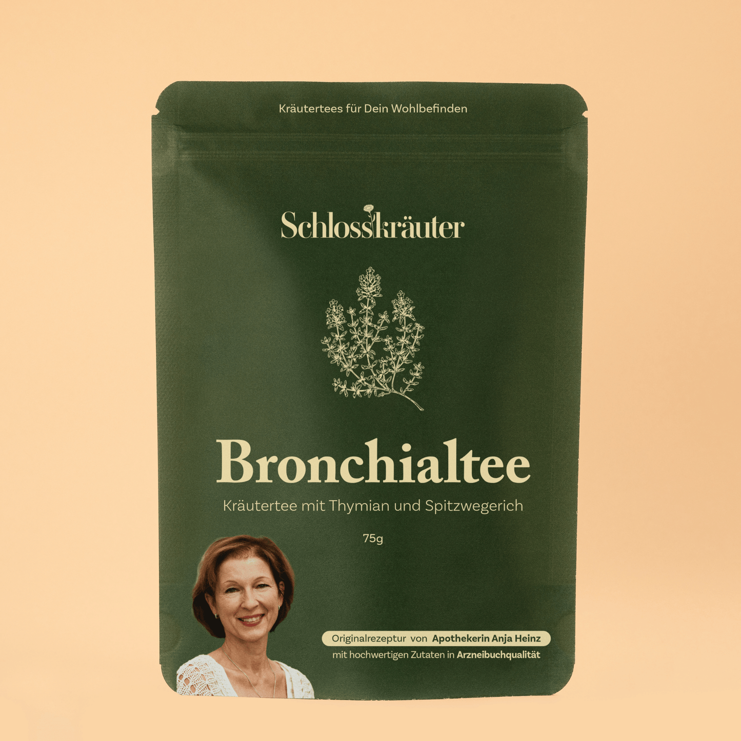 Grüner Beutel "Bronchialtee" Hustentee auf beigem Hintergrund