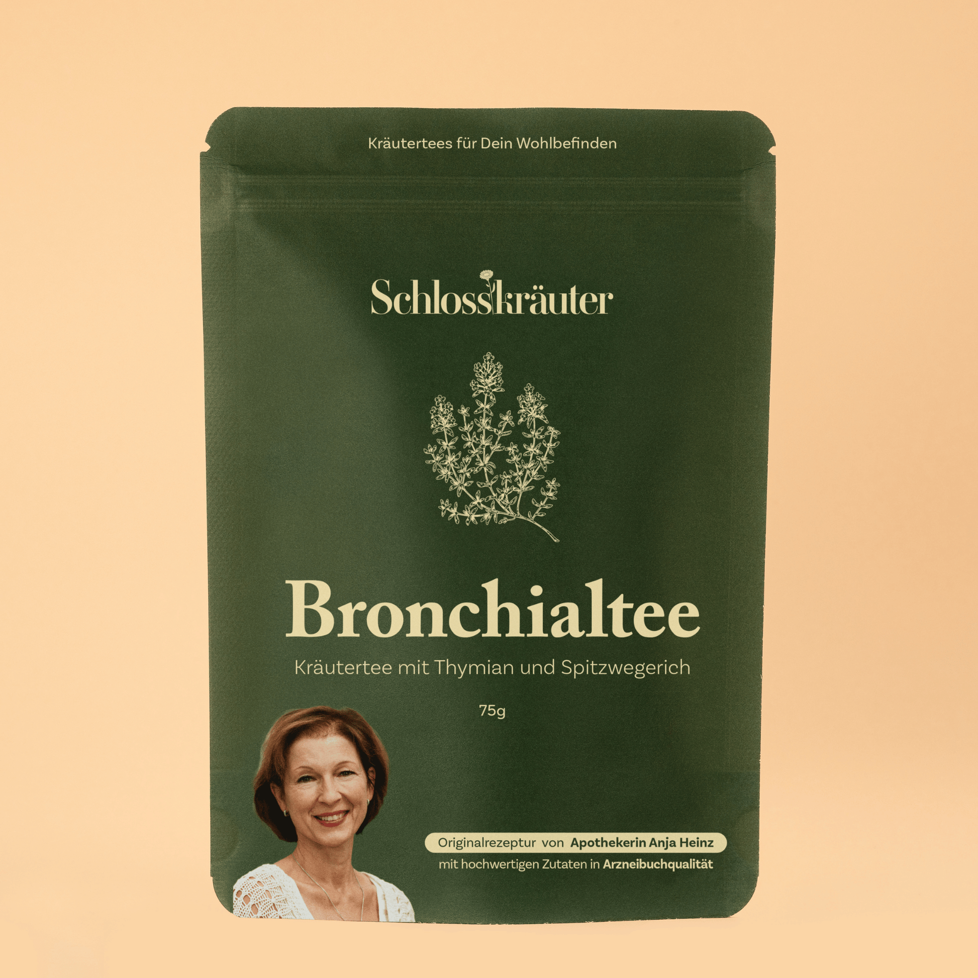 Grüner Beutel "Bronchialtee" Hustentee auf beigem Hintergrund