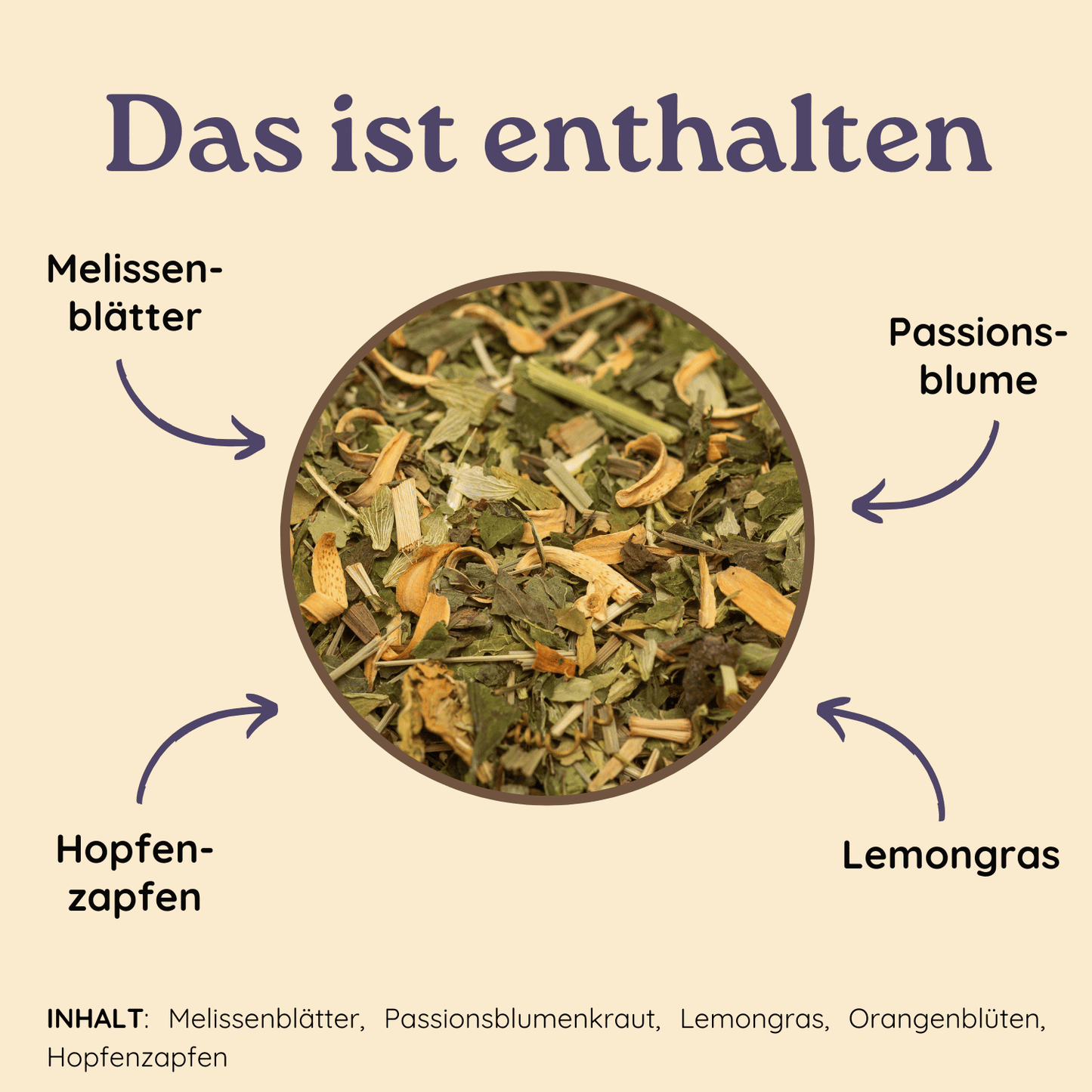 Nahaufnahme einer losen Kräutermischung mit Melissenblättern, Lemongras, Hopfen und Passionsblumenkraut.