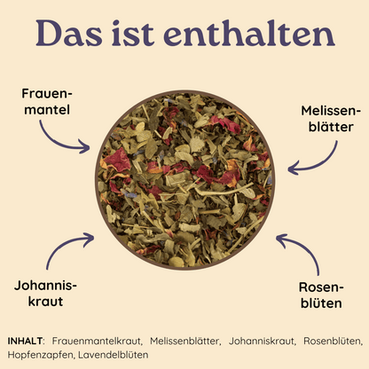 Kreisförmige Nahaufnahme einer bunten Kräuterteemischung "Frauentee" mit Pfeilen zu Frauenmantel, Melissenblättern, Johanniskraut und Rosenblüten, auf beigem Hintergrund.