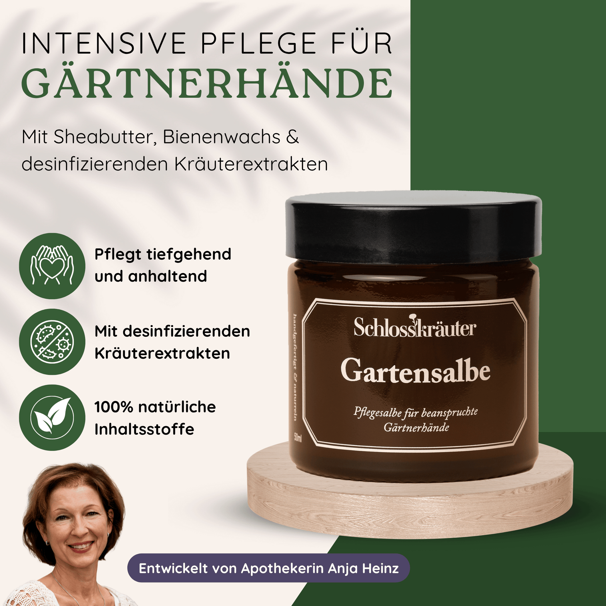 Produktbild einer Handcreme "Gartensalbe" mit Sheabutter und Kräuterextrakten zur intensiven Pflege von Gärtnerhänden, ergänzt durch Infografik mit Inhaltsstoffen und Anwendungsvorteilen.
