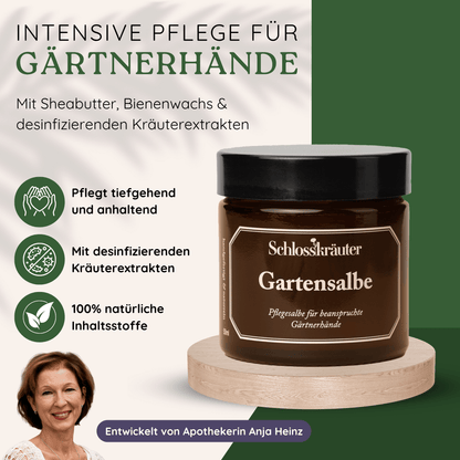 Produktbild einer Handcreme "Gartensalbe" mit Sheabutter und Kräuterextrakten zur intensiven Pflege von Gärtnerhänden, ergänzt durch Infografik mit Inhaltsstoffen und Anwendungsvorteilen.