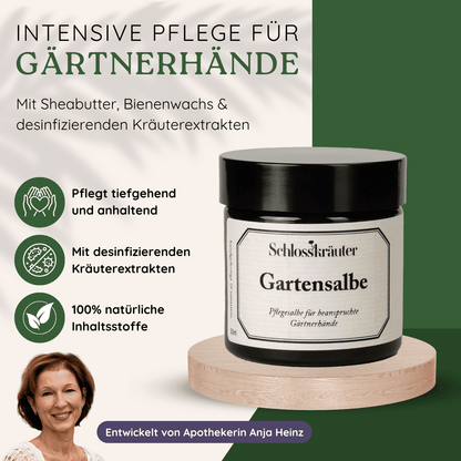 Eine Infografik für eine Handcreme namens ‘Schlosskräuter Gartensalbe’ zur Pflege stark beanspruchter Gärtnerhände. Das Produkt enthält Sheabutter, Bienenwachs und desinfizierende Kräuterextrakte. Vorteile: Pflegt tiefgehend und anhaltend, enthält desinfizierende Kräuterextrakte, 100% natürliche Inhaltsstoffe. Entwickelt von Apothekerin Anja Heinz. Ein Foto von Anja Heinz ist unten links eingeblendet.