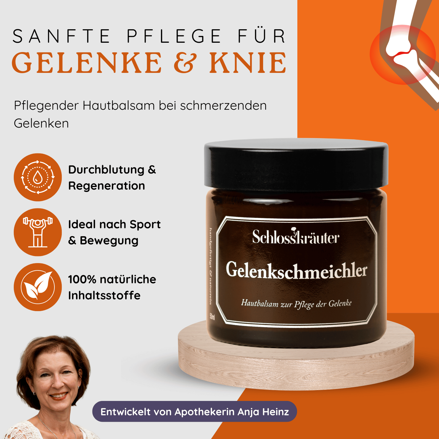 Braunes Glas mit Hautbalsam steht auf Holzpodest, daneben Infografik mit Anwendungsbereichen wie Durchblutung, Regeneration und Sport, sowie Illustration eines schmerzenden Knies.