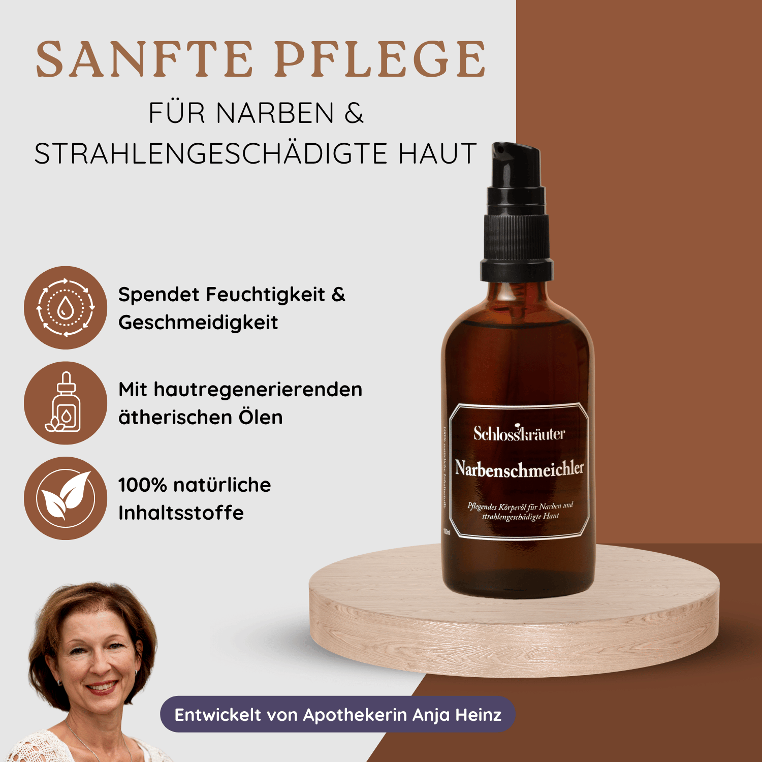 Braunes Fläschchen mit Pumpspender auf rundem Holzpodest, daneben Icons zu natürlichen Ölen und Hautpflege.