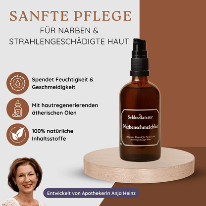 Braunes Fläschchen mit Pumpspender auf rundem Holzpodest, daneben Icons zu natürlichen Ölen und Hautpflege.