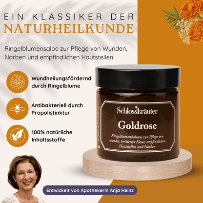 Produktbild einer Ringelblumensalbe mit Propolis zur natürlichen Hautpflege bei empfindlicher Haut, Wunden und Narben. Braunes Glas mit Salbe steht auf einem Holzpodest, daneben Infografik mit Pflegeeigenschaften wie Ringelblume, Propolistinktur und natürlichen Inhaltsstoffen.