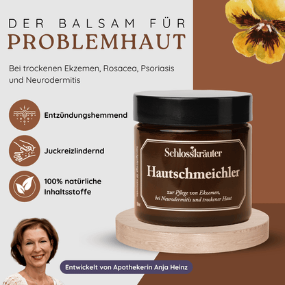 Produktbild eines Hautbalsams bei Neurodermitis und trockener Haut, mit Icons zu natürlichen, juckreizlindernden und entzündungshemmenden Inhaltsstoffen. Braunes Glas mit Salbe steht auf einem Holzpodest, daneben Infografik mit Eigenschaften wie entzündungshemmend, juckreizlindernd und natürlichen Inhaltsstoffen.