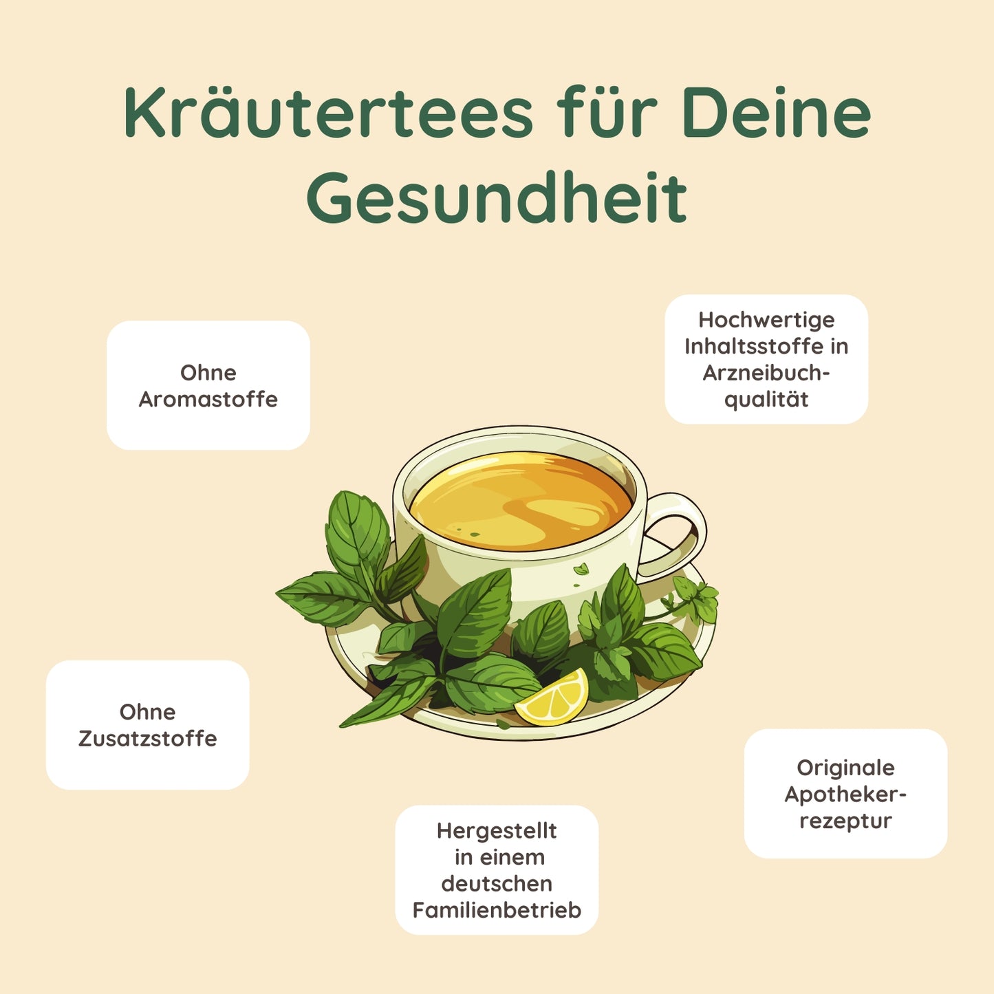 Illustration einer Tasse Kräutertee mit Zitronenscheibe und Minzblättern, umgeben von Texten: ‘Ohne Aromastoffe’, ‘Ohne Zusatzstoffe’, ‘Hergestellt in einem deutschen Familienbetrieb’, ‘Originale Apothekerrezeptur’, und ‘Hochwertige Inhaltsstoffe in Arzneibuch-Qualität’. Überschrift: ‘Kräutertees für Deine Gesundheit