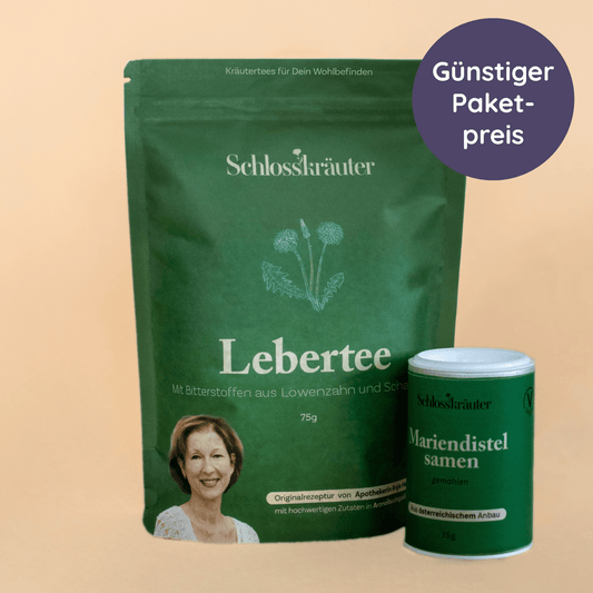 Lebertee und Mariendistelsamen in grünen Packungen auf beigem Hintergrund mit dem Text "Günstiger Paketpreis"