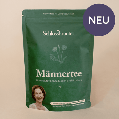 Männertee mit Weidenröschen zur Unterstützung von Prostata und Leber in einem grünen Beutel auf beigem Hintergrund mit einem Verweis "NEU"