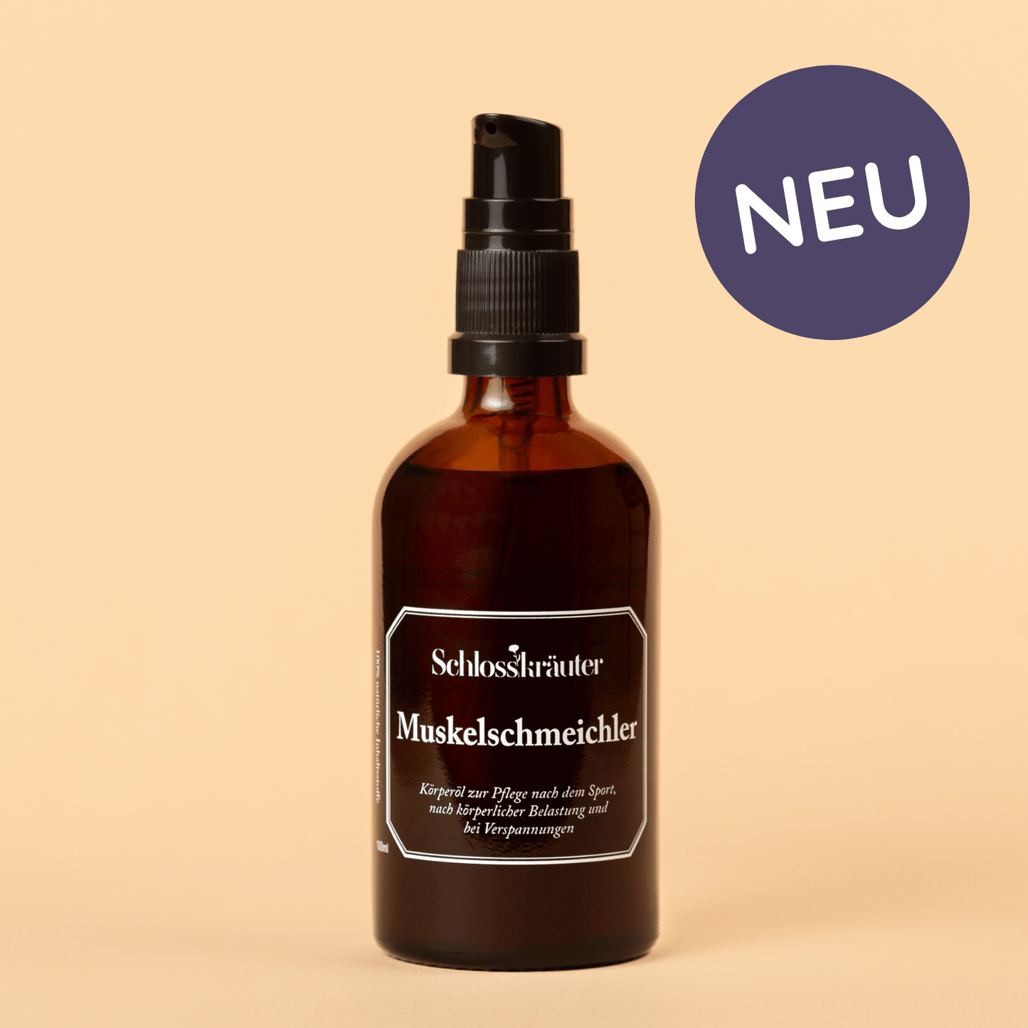 Muskelschmeichler Muskelöl in brauner Flasche auf beigem Hintergrund