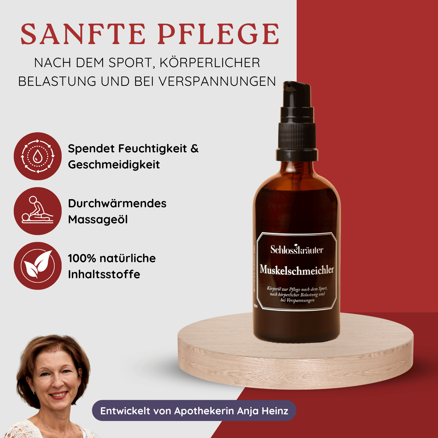 Braune Flasche mit der Aufschrift „Muskelschmeichler“ auf einem Holzpodest, daneben Icons zu Massageöl, Muskelentspannung und natürlichen Inhaltsstoffen.