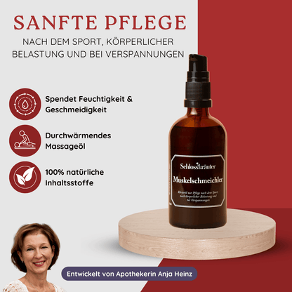 Braune Flasche mit der Aufschrift „Muskelschmeichler“ auf einem Holzpodest, daneben Icons zu Massageöl, Muskelentspannung und natürlichen Inhaltsstoffen.