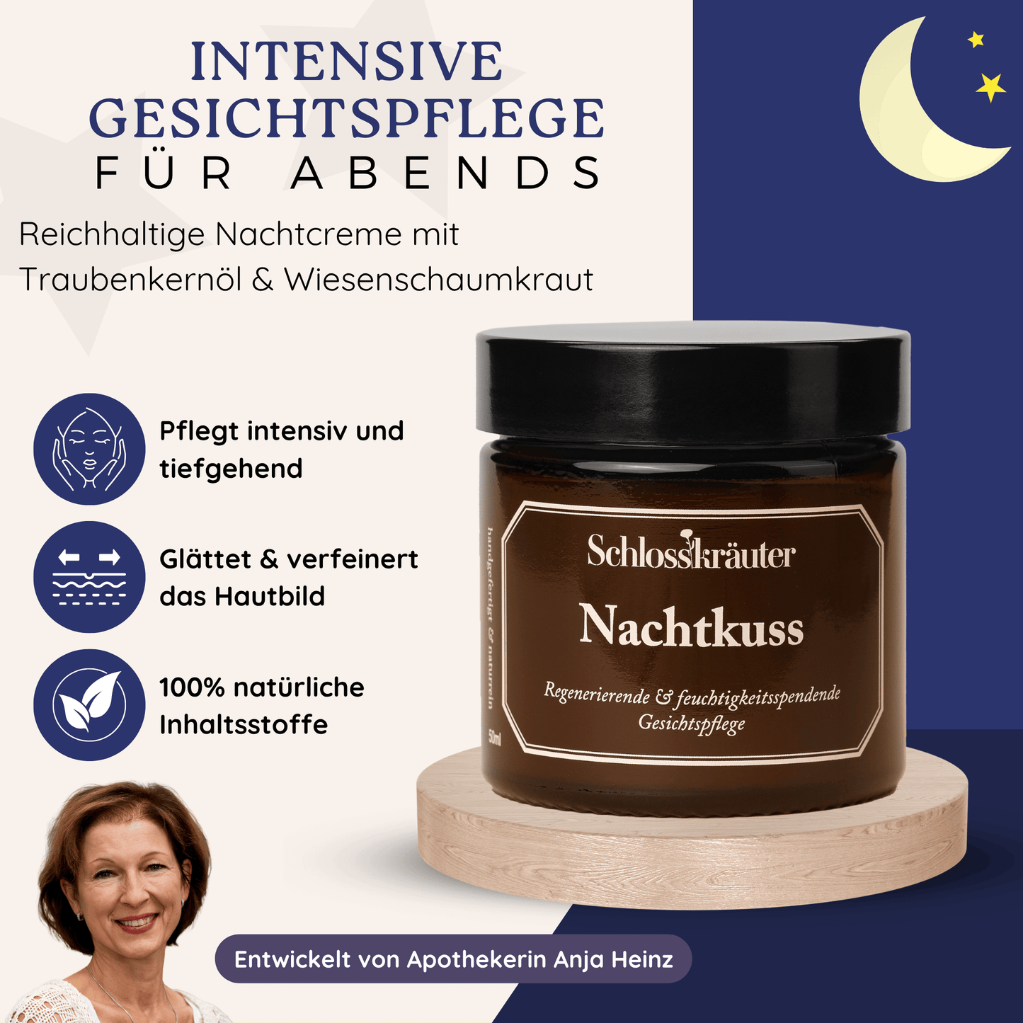 Produktbild einer Nachtcreme mit Traubenkernöl und Wiesenschaumkraut zur intensiven Gesichtspflege am Abend, ergänzt durch grafische Darstellung der Vorteile.