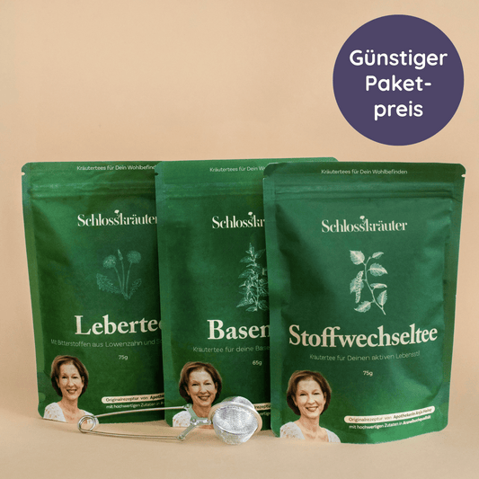 Stoffwechselpaket mit Lebertee, Stoffwechseltee und Basentee auf beigem Hintergrund